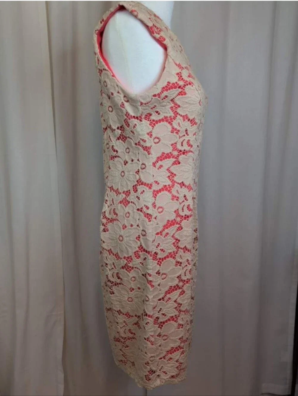 Signature By Robbie Bee Lace Overlay Sleeveless Dress Ivory Coral Pink Size 8 - Picture 4 of 6